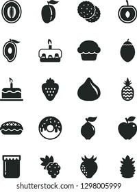 Solid Black Vector Icon Set - cake vector, torte, glazed with a hole, apple pie, jam, strawberry, pineapple, biscuit, grape, quince, red, fig, half of mango, melon, ripe plum, cherry, tamarillo