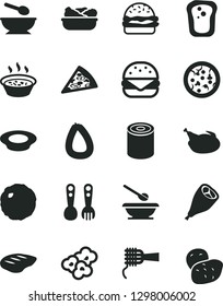 Solid Black Vector Icon Set - deep plate with a spoon vector, plates and spoons, plastic fork, stick of sausage, tin, pizza, piece, big burger, noodles, porridge in saucepan, lettuce, milk, chicken