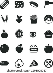 Solid Black Vector Icon Set - sausage vector, piece of cheese, fried vegetables on sticks, pizza, Hot Dog, burger, noodles, muffin, glazed cake with a hole, cabbage, French fries, japanese sushi