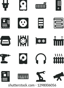 Solid Black Vector Icon Set - drill vector, heating coil, headphones, battery, electric plug, socket, assembly robot, cast iron radiator, fan, keyboard, pc tower, motherboard, gpu card, hdd, scanner