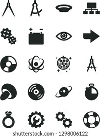 Solid Black Vector Icon Set - right direction vector, gear, eye, timer, CD, porcini, plate, accumulator, gears, Measuring compasses, scheme, ring diagram, atom, drawing compass, saturn, diamond