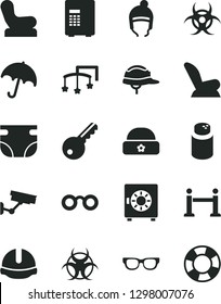 Solid Black Vector Icon Set - toys over the cot vector, nappy, powder, Baby chair, car child seat, winter hat, warm, construction helmet, umbrella, strongbox, glasses, biohazard, rope barrier, key