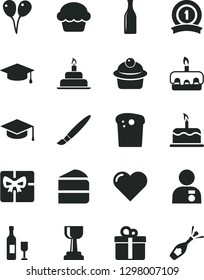 Solid Black Vector Icon Set - tassel vector, colored air balloons, birthday cake, heart, gift, square academic hat, Easter, muffin, piece of, torte, Glass bottle, giftbox, gold cup, man with medal