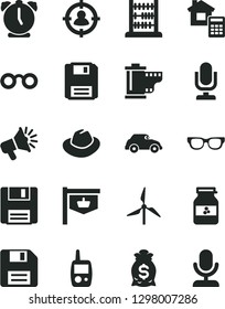 Solid Black Vector Icon Set - desktop microphone vector, floppy disk, hat, camera roll, toy mobile phone, abacus, estimate, alarm clock, jar of jam, windmill, retro car, vintage sign, man in sight