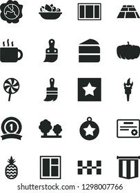 Solid Black Vector Icon Set - window vector, frame, plastic brush, wooden paint, ceramic tiles, paving slab, piece of cake, a plate fruit, lollipop, cup tea, pineapple, squash, pumpkin, trees