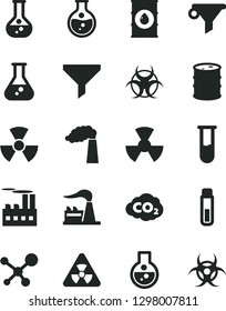 Solid Black Vector Icon Set - round flask vector, manufacture, factory, oil, barrel, industrial building, radiation, carbon dyoxide, filter, water, test tube, molecule, nuclear, biohazard