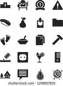 Solid Black Vector Icon Set - warning vector, image of thought, clean paper, upload archive data, footprints, concrete mixer, power socket type f, drawing, hammer, a bowl buckwheat porridge, pear