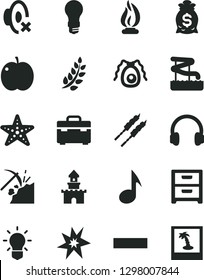 Solid Black Vector Icon Set - minus vector, silent mode, suitcase, nightstand, barbecue, apple, coal mining, light bulb, headphones, note, bactery, flame, bang, laurel branch, money bag, sand castle