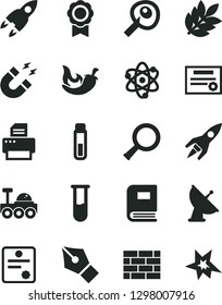 Solid Black Vector Icon Set - brickwork vector, chili, printer, test tube, atom, zoom, book, magnet, artifical insimination, medal, satellite antenna, rocket, lunar rover, biology, patente, ink pen