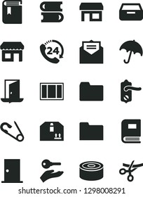 Solid Black Vector Icon Set - folder vector, book, open pin, books, window frame, door knob, ntrance, received letter, umbrella, drawer, cardboard box, 24, canned goods, kiosk, stall, arm with key