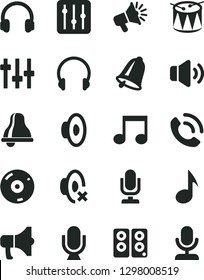 Solid Black Vector Icon Set - bell vector, desktop microphone, loudspeaker, silent mode, drum, headphones, regulator, volume, phone call, megaphone, cd, pc speaker, note, settings