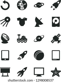 Solid Black Vector Icon Set - monitor vector, counterclockwise, t short, bath ball, billboard, space rocket, planet, tablet pc, hdd, satellite, antenna, saturn, lunar rover, first, starfish