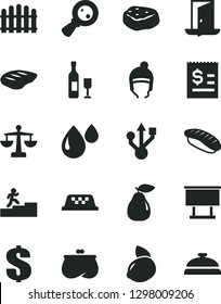 Solid Black Vector Icon Set - dollar vector, scales, winter hat, hedge, chop, piece of meat, japanese sushi, pear, yellow lemon, drop, billboard, magnifying glass, article on the, purse, usb, wine