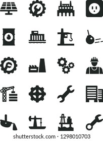 Solid Black Vector Icon Set - tower crane vector, builder, power socket type b, buildings, gear, star, core, sea port, solar panel, oil derrick, hydroelectric station, thermal plant, gears, repair