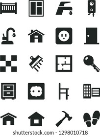 Solid Black Vector Icon Set - house vector, bedside table, baby cot, a chair for feeding, dwelling, window, laying out, power socket type b, f, ntrance door, city block, tile, spatula, faucet mixer