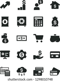 Solid Black Vector Icon Set - growth up vector, calculation, strongbox, cards, oil, shopping cart, reverse side of a bank card, get wage, purse, engineer calculator, financial report, money bag hand