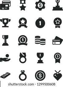 Solid Black Vector Icon Set - cards vector, coins, catch a coin, winner podium, prize, award, gold cup, first place medal, with pennant, ribbon, hero, star, diamond ring, bar, dollar, gear