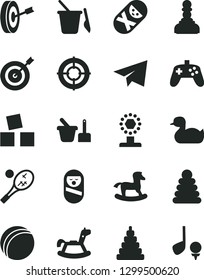 Solid Black Vector Icon Set - paper airplane vector, rubber duck, bath ball, stacking rings, toy, roly poly doll, tumbler, sand set, children's, rocking horse, small, cubes for children, joystick