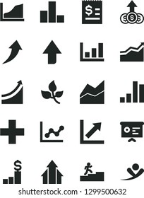 Solid Black Vector Icon Set - upward direction vector, plus, bar chart, line, graph, growth, leaves, article on the dollar, financial report, carrer stairway, arrow, arrows, up, pedestal, flying man
