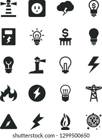 Solid Black Vector Icon Set - lightning vector, incandescent lamp, bulb, power socket type b, dangers, storm cloud, pole, lighthouse, coastal, light, electricity, flame, dollar column, idea