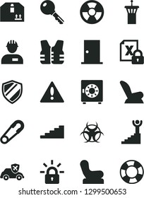 Solid Black Vector Icon Set - warning vector, Baby chair, car child seat, safety pin, workman, ntrance door, key, strongbox, cardboard box, radiation hazard, autopilot, encrypting, biohazard, winner