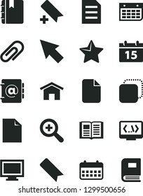 Solid Black Vector Icon Set - monitor window vector, clip, add bookmark, clean sheet of paper, zoom, home, calendar, star, book, notebook, address, copy, wall, coding, cursor, file