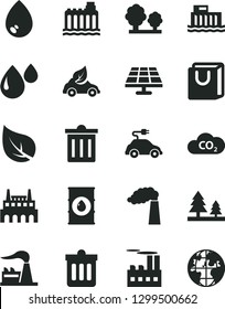 Solid Black Vector Icon Set - bin vector, dust, drop, bag with handles, solar panel, leaf, manufacture, factory, oil, hydroelectric station, hydroelectricity, trees, forest, industrial building, CO2