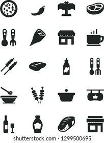 Solid Black Vector Icon Set - plates and spoons vector, plastic fork, iron, coffee, fried vegetables on sticks, pizza, grill chicken leg, bacon, chop, barbecue, sushi, bottle, liquor, red pepper