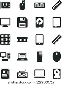Solid Black Vector Icon Set - floppy disk vector, laptop, monitor, keyboard, processor, computer, tablet pc, notebook, radiator fan, mouse, tower, motherboard, memory, card, hdd