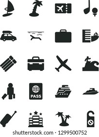 Solid Black Vector Icon Set - suitcase vector, passport, plane, car baggage, passenger, ticket, rolling case, hotel, beach, palm tree, surfing, golf, cruiser, yacht, inflatable mattress, windsurfing