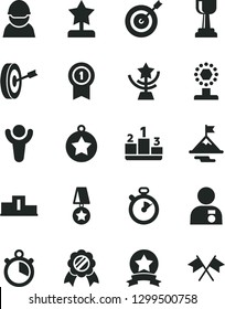 Solid Black Vector Icon Set - pedestal vector, racer, stopwatch, winner, cup, gold, star, reward, man with medal, motivation, target, purpose, pennant, ribbon, cross flags