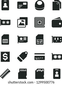 Solid Black Vector Icon Set - bank card vector, clean paper, baby bib, picture, pass, label, processor, SIM, financial item, wallet, memory, pc, gpu, sd, identity, access
