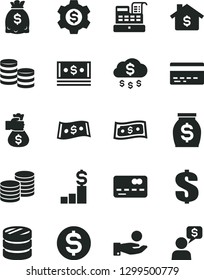 Solid Black Vector Icon Set - bank card vector, dollar, coins, front of the, column, catch a coin, money, dollars, cash, machine, bag hand, rain, mortgage, pedestal, gear, dialog