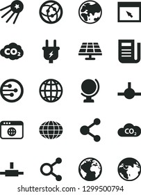 Solid Black Vector Icon Set - sign of the planet vector, globe, earth, solar panel, plug, CO2, carbon dyoxide, connection, connections, newspaper, network, browser, connect, first satellite