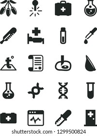 Solid Black Vector Icon Set - mercury thermometer vector, bag of a paramedic, medical, temperature, cardiogram, garlic, goji berry, round flask, research article, test tube, dna, pipette, room