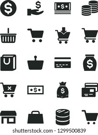 Solid Black Vector Icon Set - grocery basket vector, bank card, cart, put in, crossed, bag with handles, cards, coins, stall, shopping, column of, dollar, get a wage, money, dollars, cash, hand