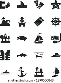 Solid Black Vector Icon Set - anchor vector, small fish, sea port, commercial seaport, sand castle, sail boat, hotel, beach, starfish, flippers, diving mask, surfing, handwheel, life vest, jet ski