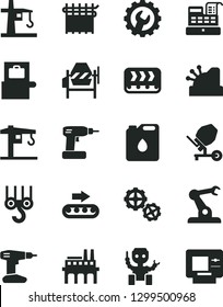 Solid Black Vector Icon Set - crane vector, winch hook, gears, concrete mixer, cordless drill, gear, industrial enterprise, conveyor, production, canister of oil, cloth industry, tower, cash machine