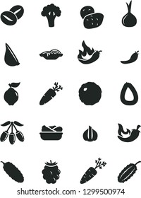Solid Black Vector Icon Set - stick of sausage vector, slices onion, lettuce in a plate, cabbage, cucumber, chili, garlic, carrot, coffee beans, quince, blackberry, goji berry, red pepper, hot