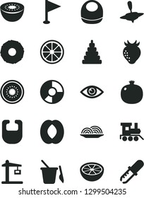 Solid Black Vector Icon Set - pennant vector, bib, baby, stacking toy, children's sand set, train, small yule, eye, onion, pomegranate, strawberry, half peach, juicy lemon, kiwi, of, slice pineapple