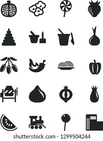 Solid Black Vector Icon Set - stacking toy vector, sand set, children's, baby train, concrete mixer, onion, chili, Chupa Chups, lollipop, popcorn, half pomegranate, strawberry, rose hip, fig