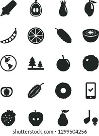 Solid Black Vector Icon Set - cabbage vector, cucumber, strawberries, tasty apple, rose hip, mango, half loquat, plum, kiwi, slice of lemon, pineapple, ripe guava, tomato, peas, planet Earth, forest