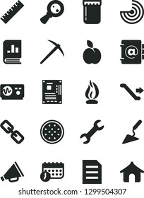 Solid Black Vector Icon Set - yardstick vector, spectacles, horn, building trowel, address book, jam, apple, half of passion fruit, magnifying glass, on statistics, schedule, motherboard, repair