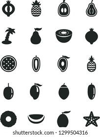 Solid Black Vector Icon Set - a pineapple vector, medlar, half of, mango, loquat, date fruit, passion, sweet, kiwi, tamarillo, piece coconut, slice, ripe guava, part, palm tree, starfish