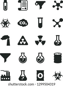 Solid Black Vector Icon Set - round flask vector, manufacture, oil, barrel, industrial building, carbon dyoxide, filter, water, research article, test tube, molecule, nuclear, biohazard