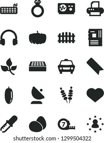 Solid Black Vector Icon Set - heart symbol vector, bookmark, long meashuring tape, brick, fence, car, eggs, fried vegetables on sticks, date fruit, pumpkin, leaves, satellite antenna, keyboard