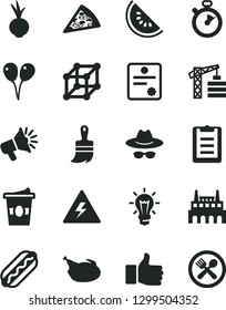 Solid Black Vector Icon Set - danger of electricity vector, hat with glasses, colored air balloons, tower crane, wooden paint brush, piece pizza, Hot Dog, chicken, beet, coffe to go, loudspeaker