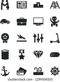 Solid Black Vector Icon Set - briefcase vector, child Kick scooter, ladder, book, anchor, screen, sausage, barrel, retro car, settings, robot, pedestal, hero medal, star, diamond, agreement, arrival