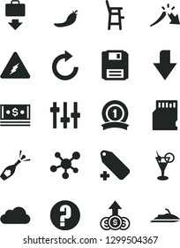 Solid Black Vector Icon Set - downward direction vector, clockwise, add label, question, a chair for feeding child, red pepper, crisis, cash, floppy, sd card, cloud, molecule, electricity, settings