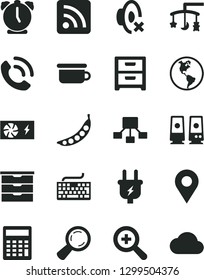 Solid Black Vector Icon Set - keyboard vector, zoom, silent mode, calculator, rss feed, toys over the cradle, storage unit, children's potty, alarm clock, nightstand, phone call, peas, planet Earth